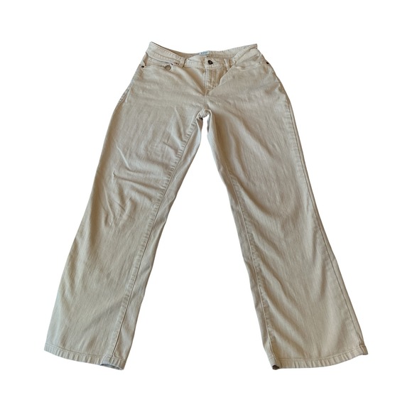 LL Bean Classic Fit Khaki Tan Denim Pants Womens 8 Regular Straight Leg Flare - Picture 2 of 5